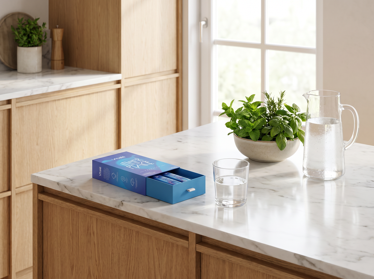 A box of Vitalë Inner Peace stick packs on a kitchen counter beside a glass of water