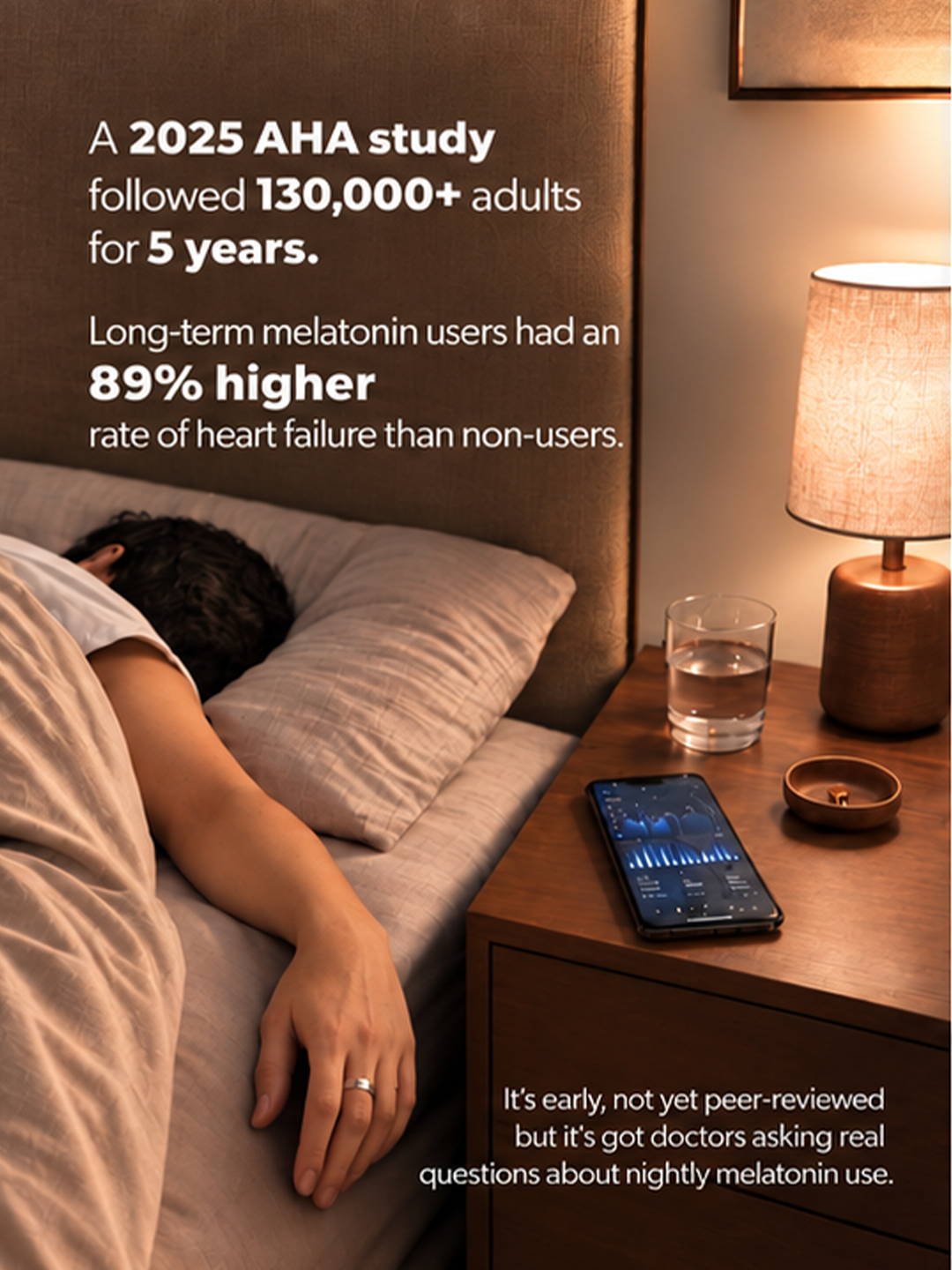 A person asleep beside a nightstand, with text about a 2025 American Heart Association melatonin study
